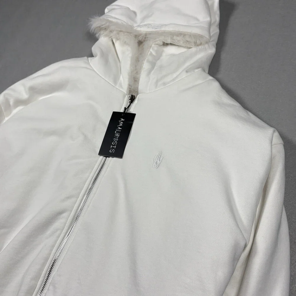 Amaurosis White Fur Lined Hoodie Size L Zip Up Jacket